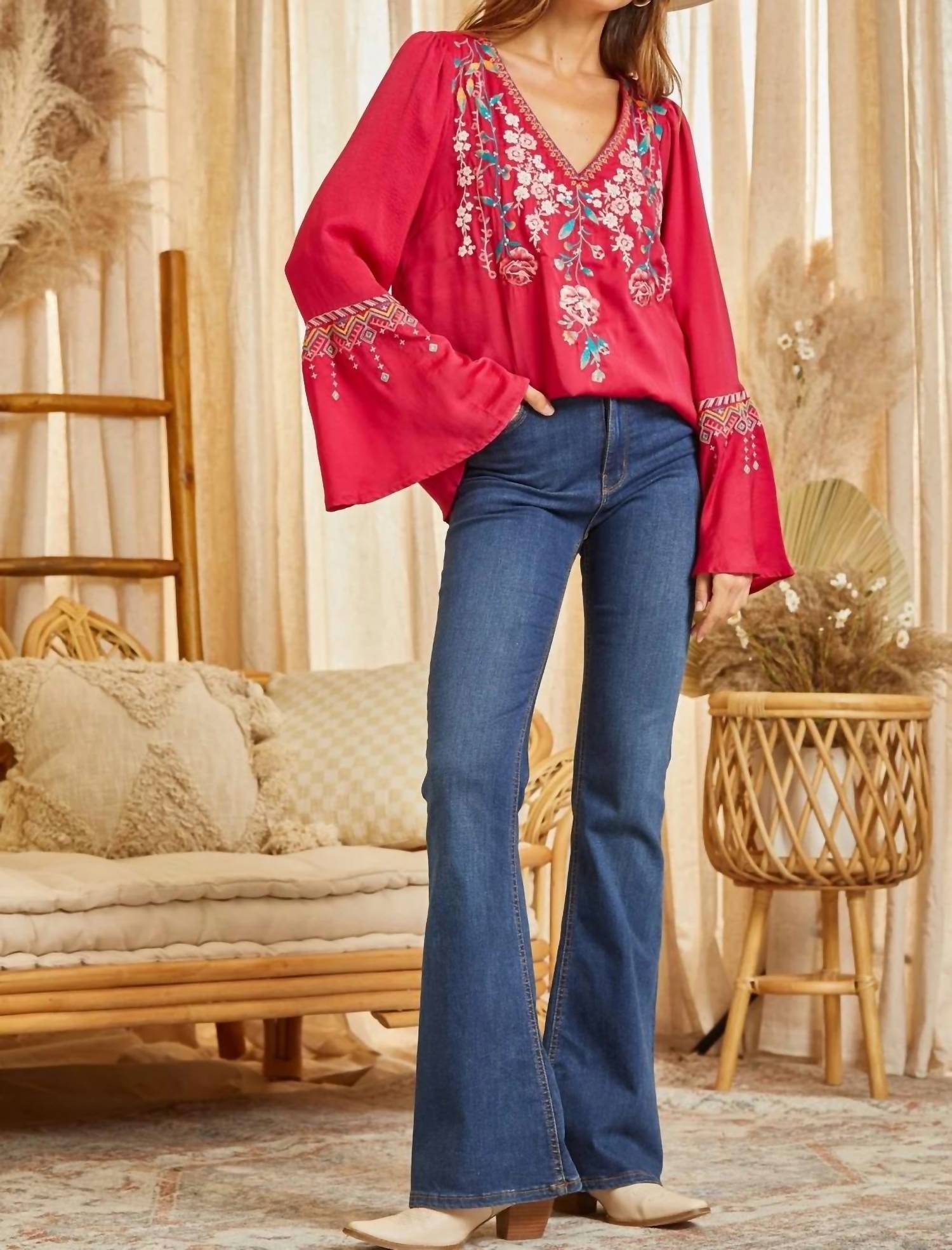 Andree By Unit - Embroidered Bell Sleeve Blouse