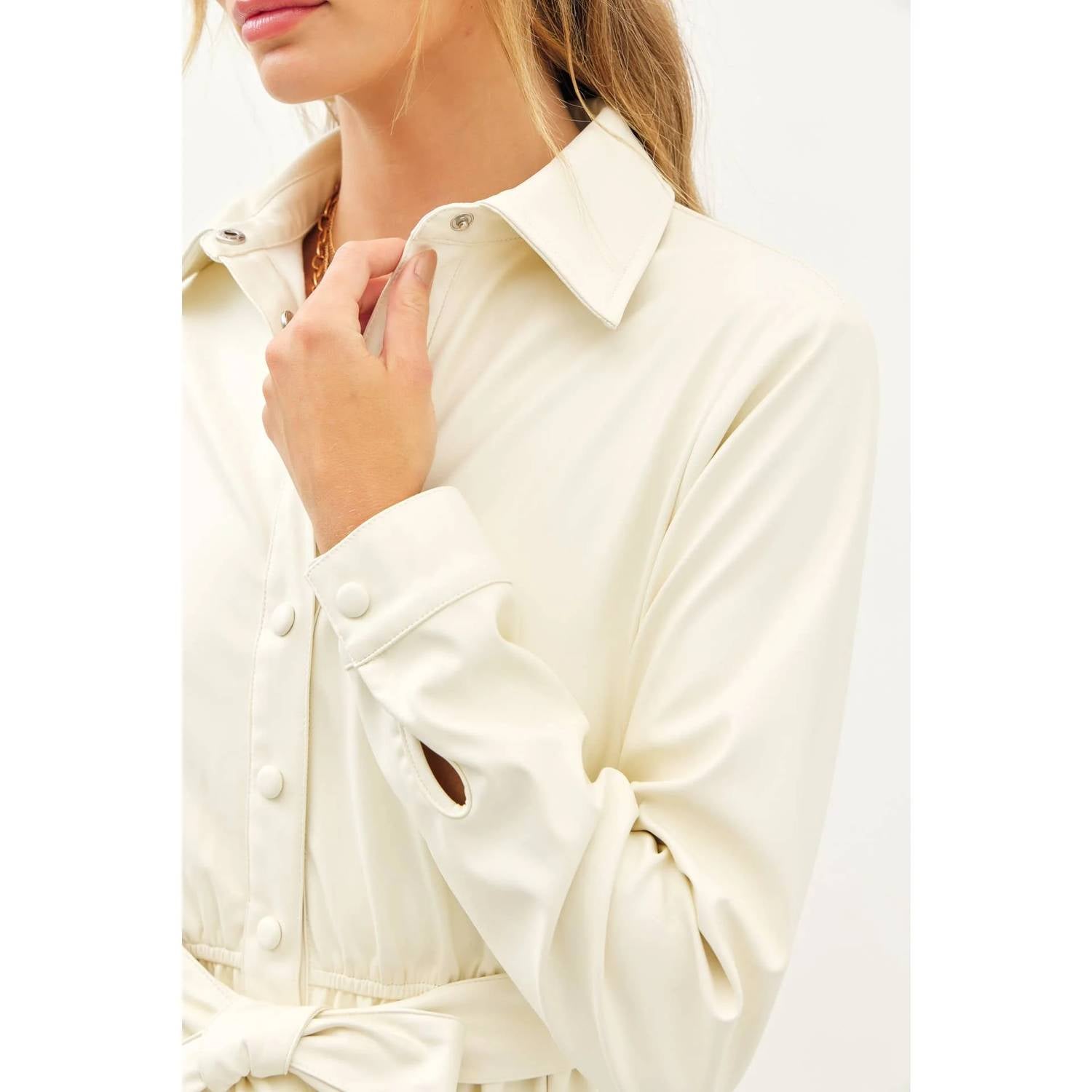 Idem Ditto - BELTED FAUX LEATHER BUTTON DOWN GODET MINI DRESS