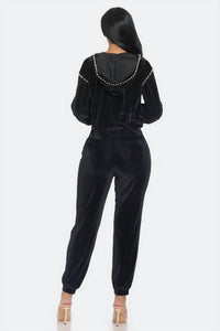 Omg Styles - Ribbed Pearl Trim Velour Jogger Set With Hoodie