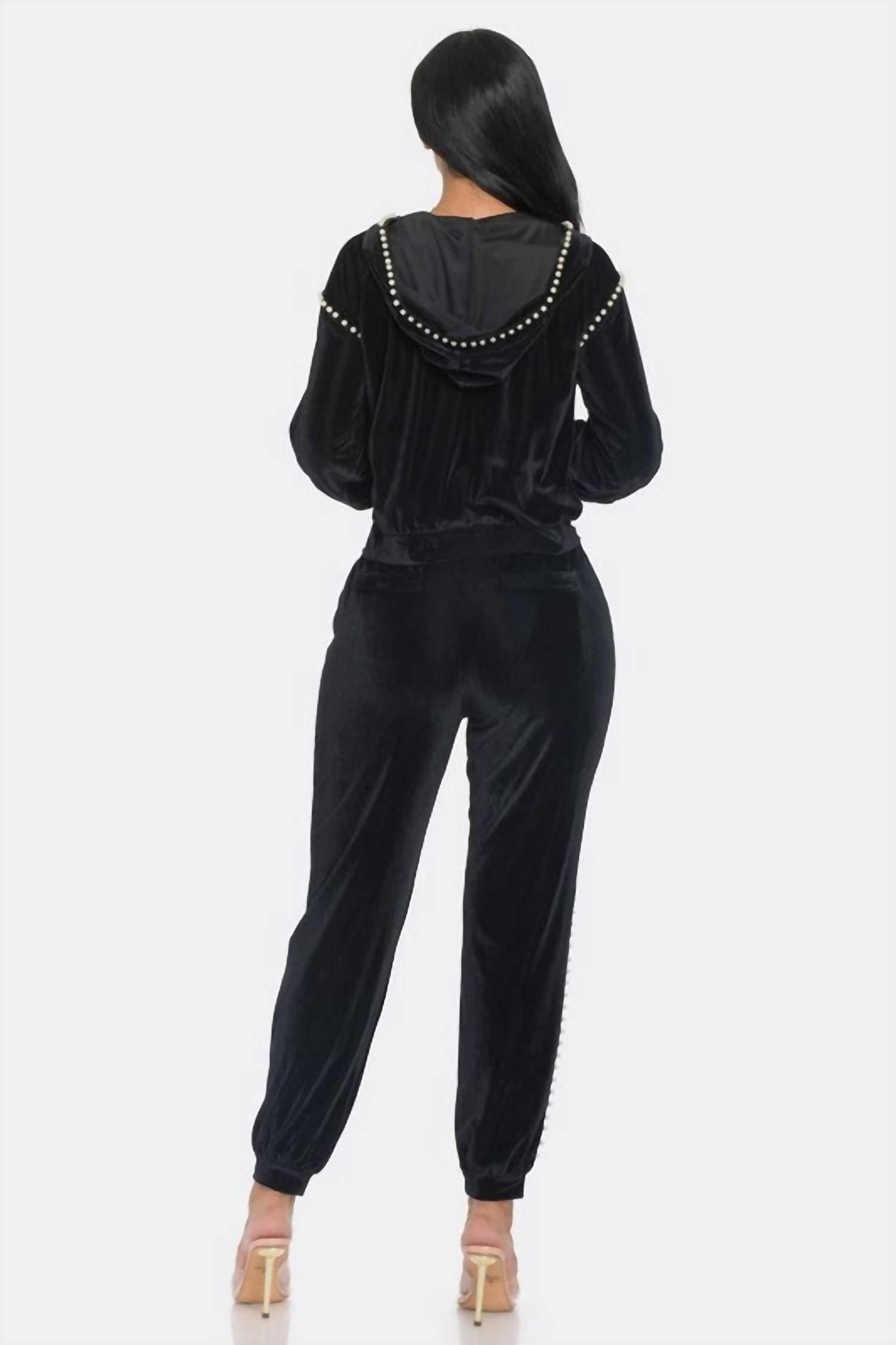 Omg Styles - Ribbed Pearl Trim Velour Jogger Set With Hoodie