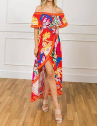 Flying Tomato - Tropical Floral Off Shoulder Hi-lo Maxi Dress