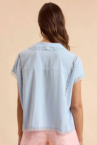 Anniewear - Linen Tie-Front Oversized Top With Lace Accent