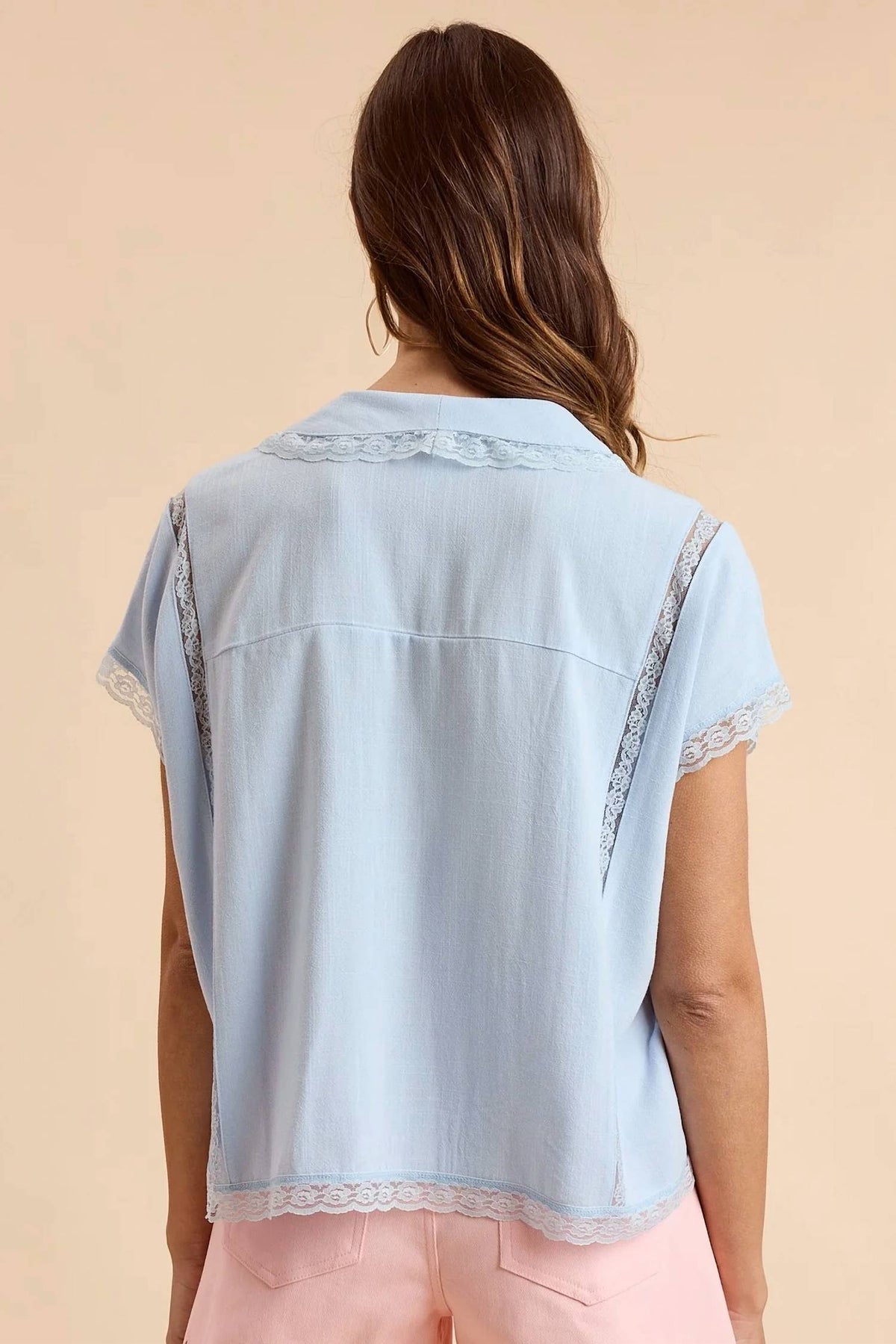 Anniewear - Linen Tie-Front Oversized Top With Lace Accent