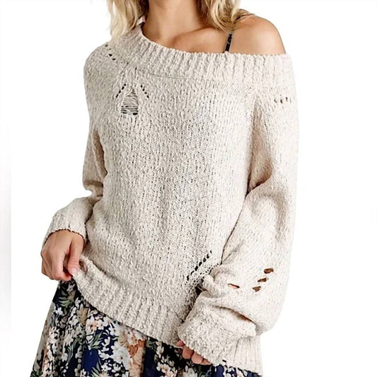 Umgee - Distressed Detail Round Neck Sweater