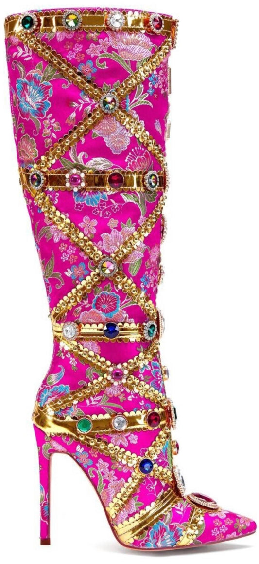 Azalea Wang - Women's Floral Satin Brocade Stiletto Boots