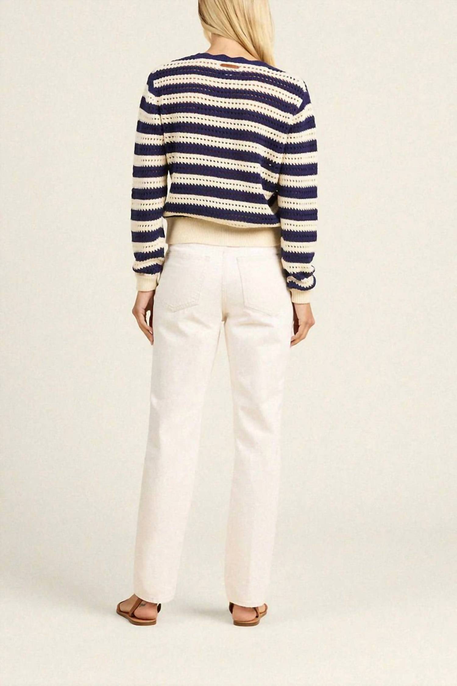 TROVATA Lightweight Ryann Sweater in crisp navy cream stripes - women's sweater - detail view