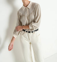 Nation LTD Cecilia Collared Top in espresso pinstripe - women's long sleeve top - view 5