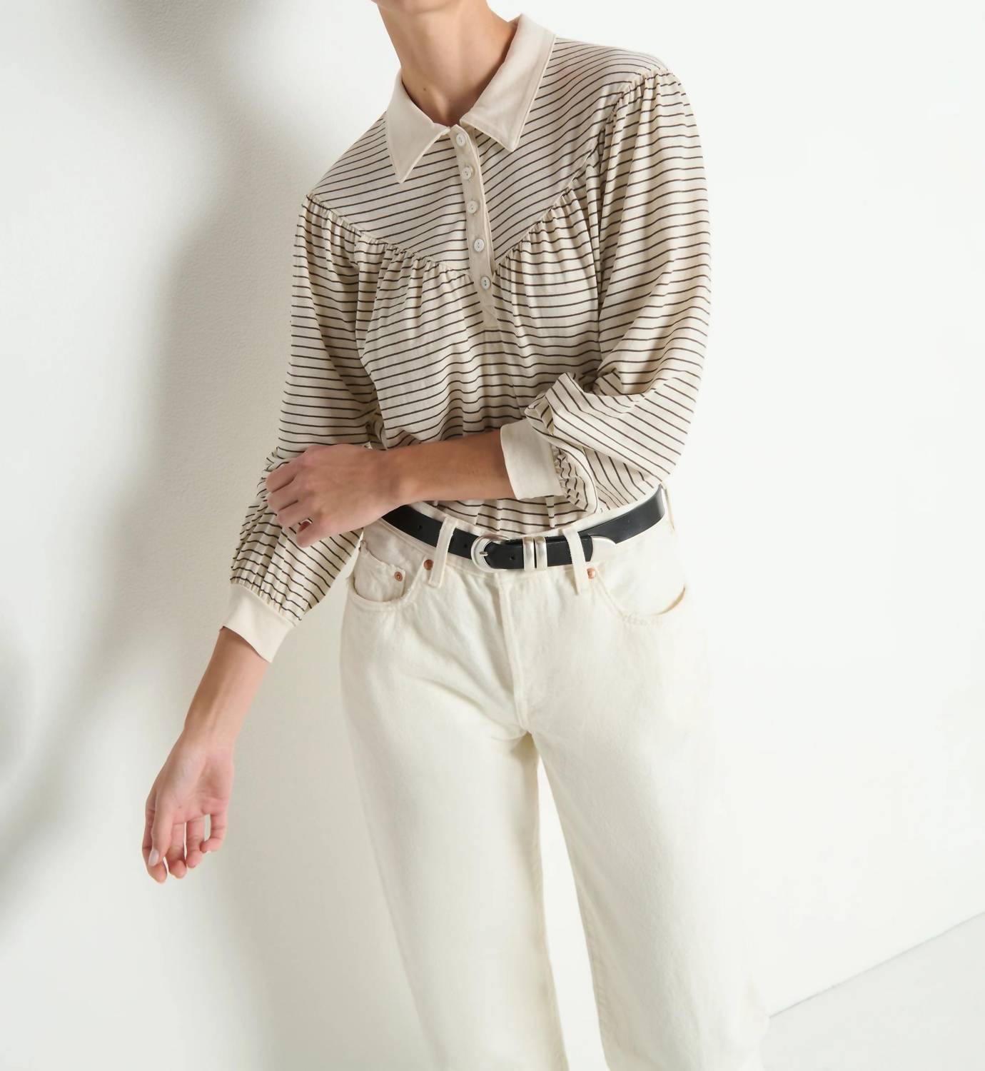 Nation LTD Cecilia Collared Top in espresso pinstripe - women's long sleeve top - view 5