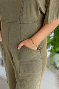 BiBi Vintage V-neck Jumpsuit in olive green - women's pants - view 4