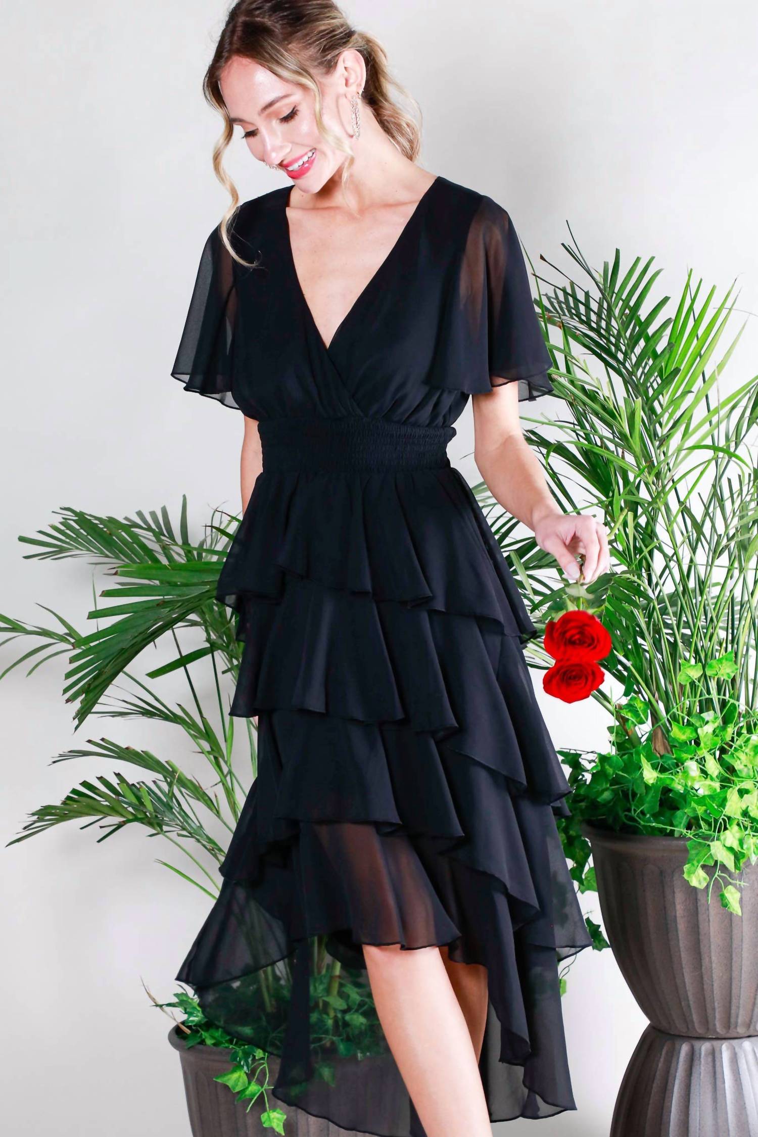 Vine & Love - Elegant Ruffled Chiffon Midi Dress