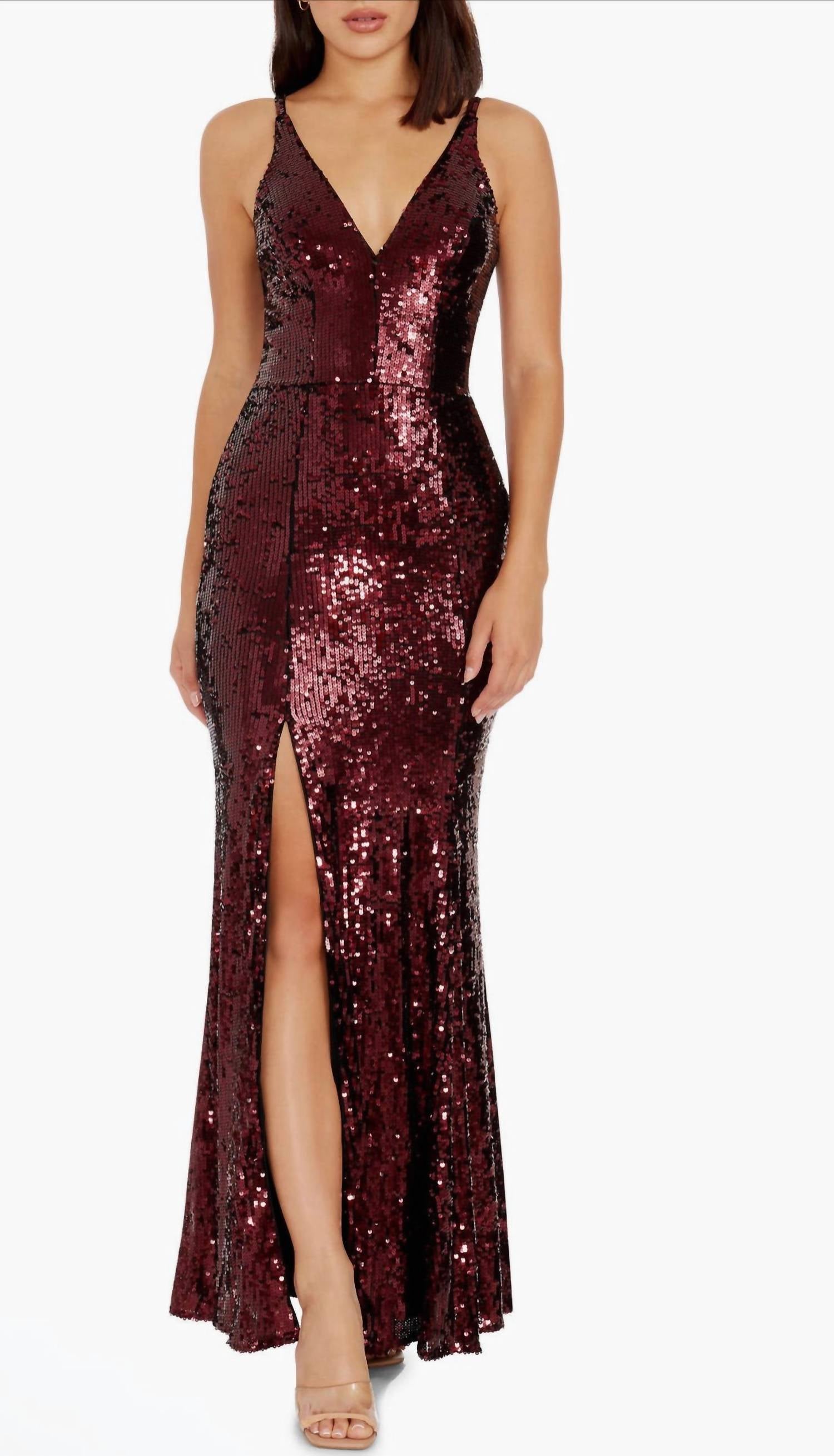 DRESS THE POPULATION Sequin Gown in port - women's dress