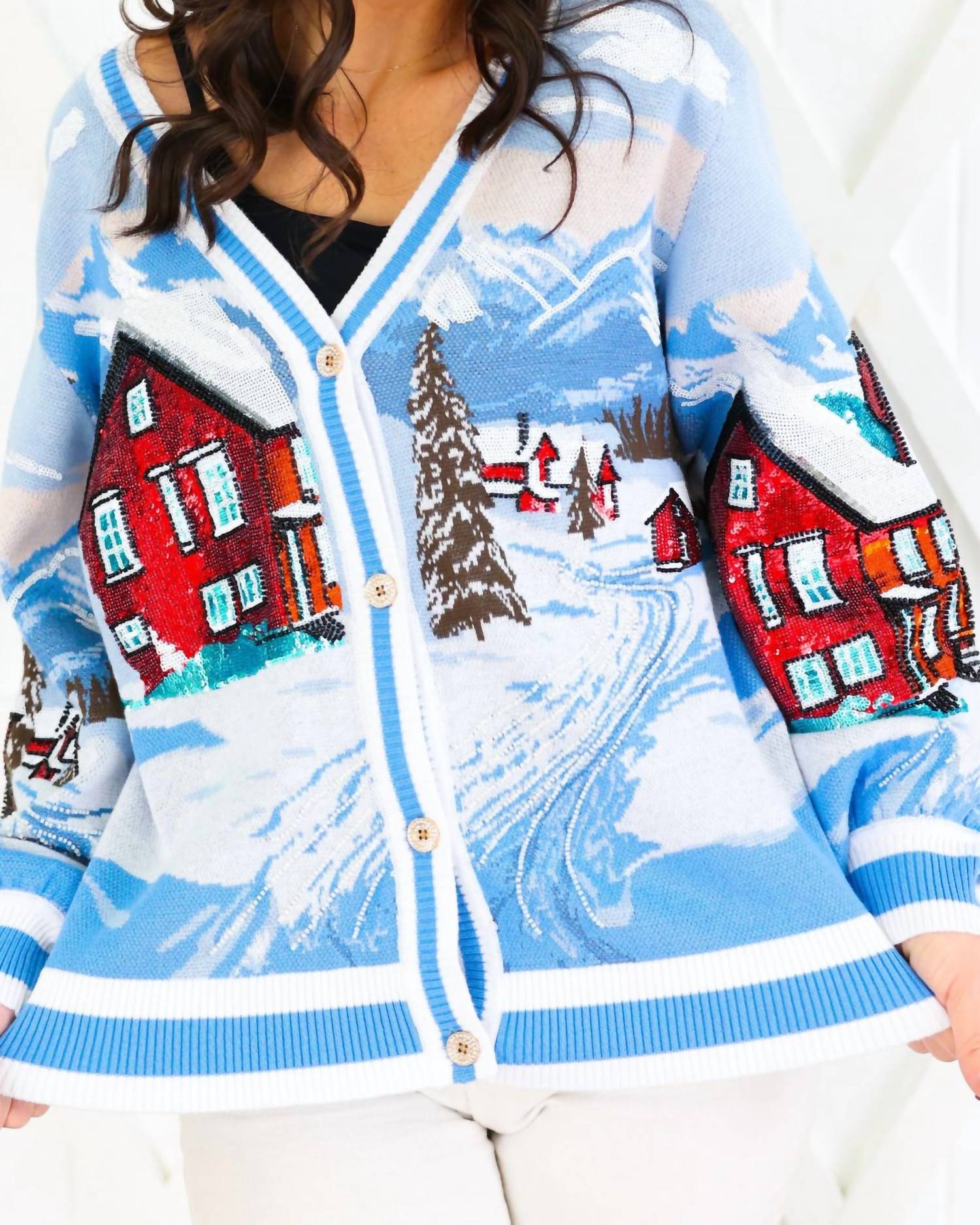 Queen Of Sparkles - Snowy Town Scene Button Up Cardigan