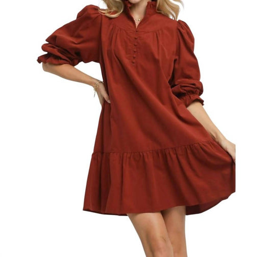 Bns - Corduroy Ruffle Puff Sleeve Tiered Dress