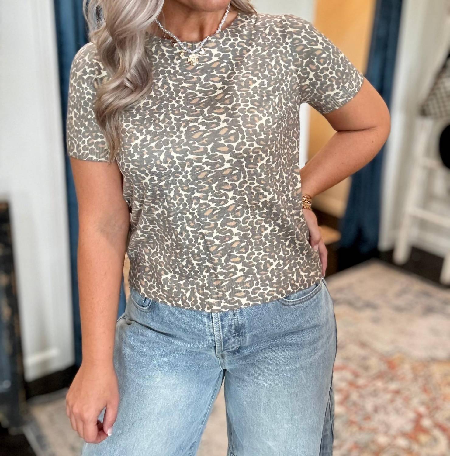 ee:some Honey Leopard Short sleeve sweater in gold - women's sweater