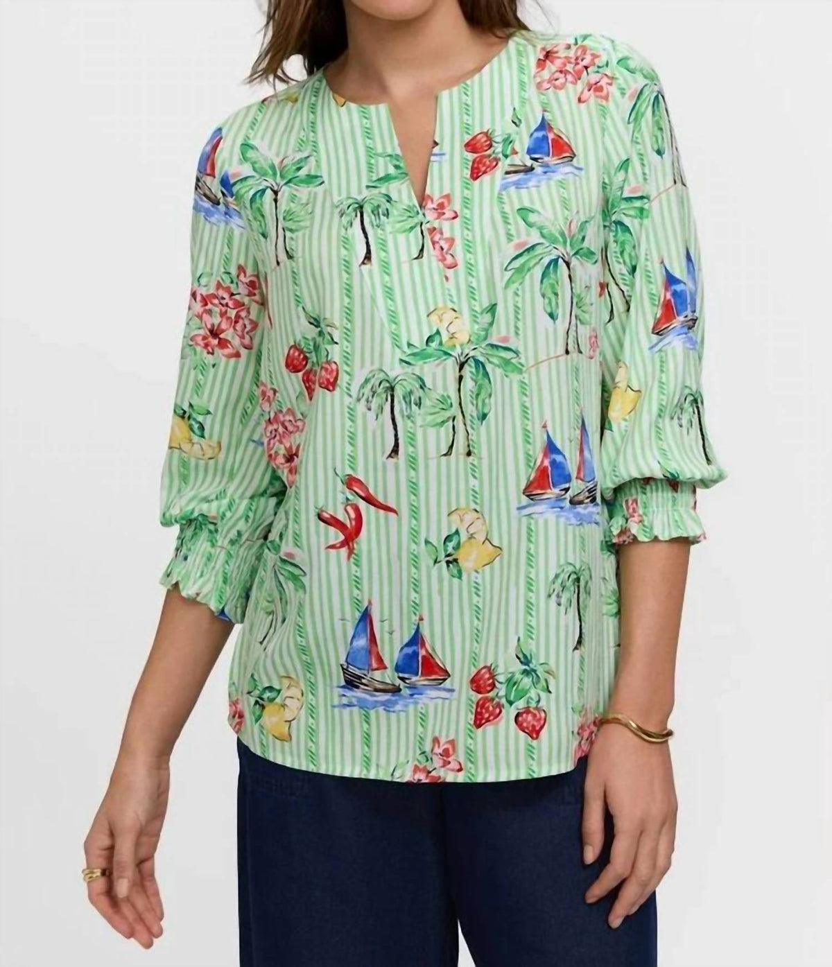 Foxcroft - Alica Three Quarter Sleeve Recess Stripe Shirt