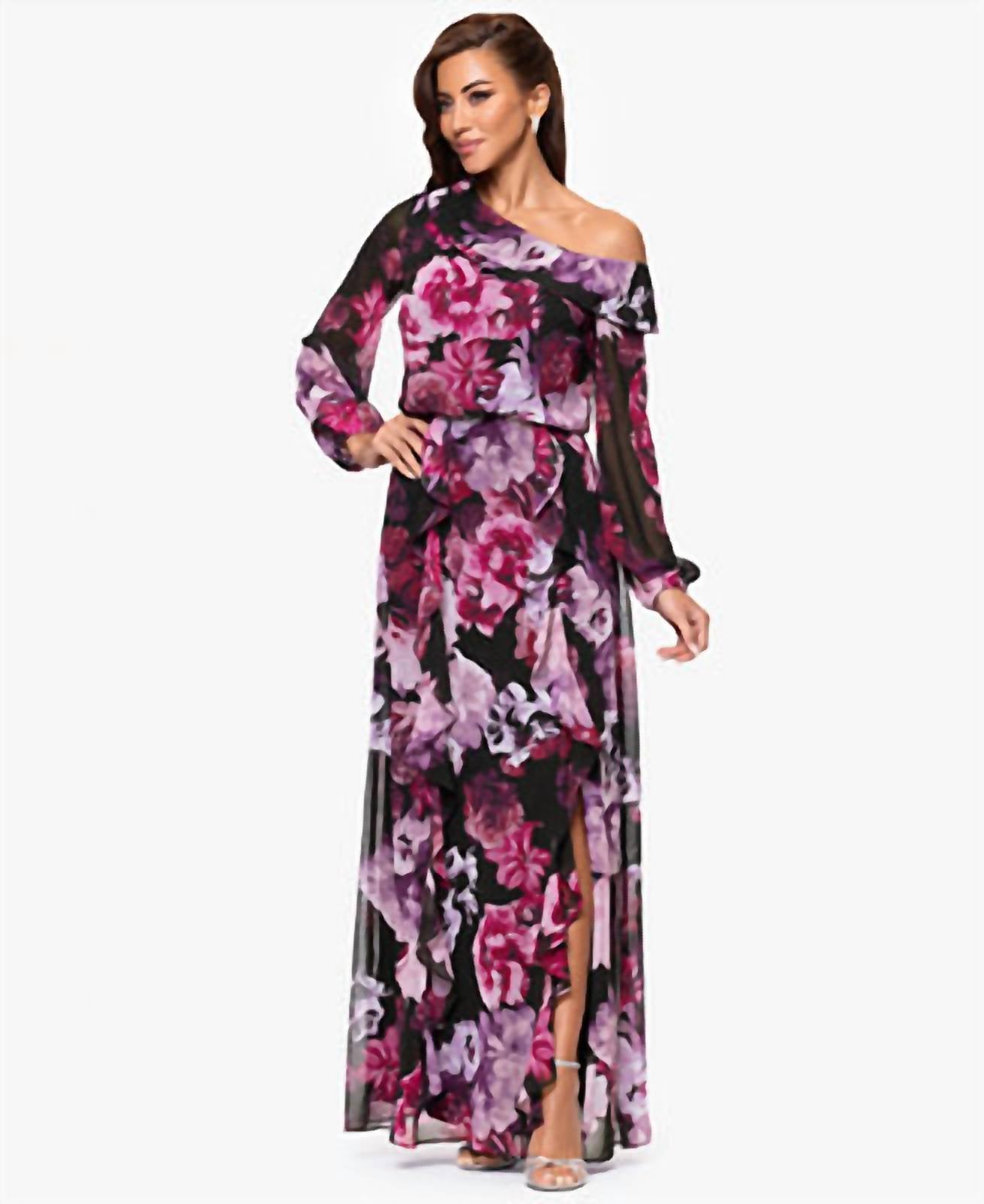 Xscape - Printed Asymmetrical Long-sleeve Maxi Dress