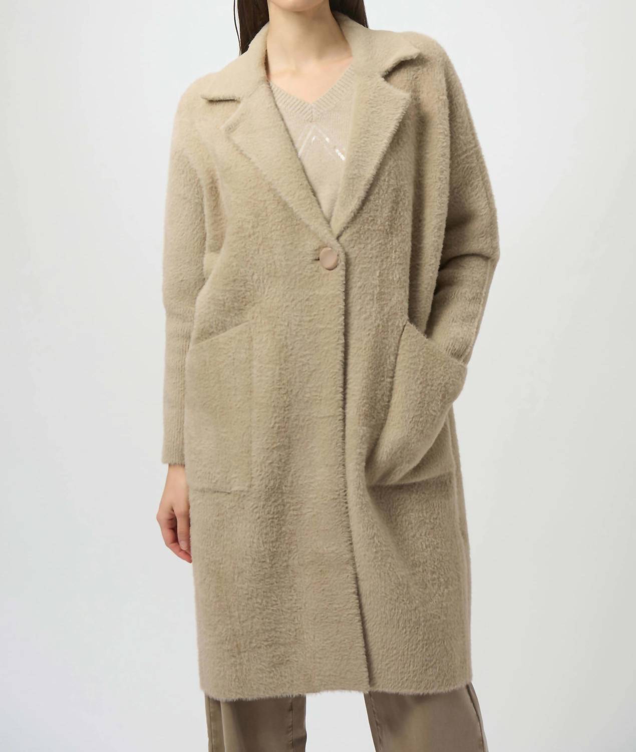Joseph Ribkoff - Fancee Feather Yarn And Faux Fur Sweater Coat