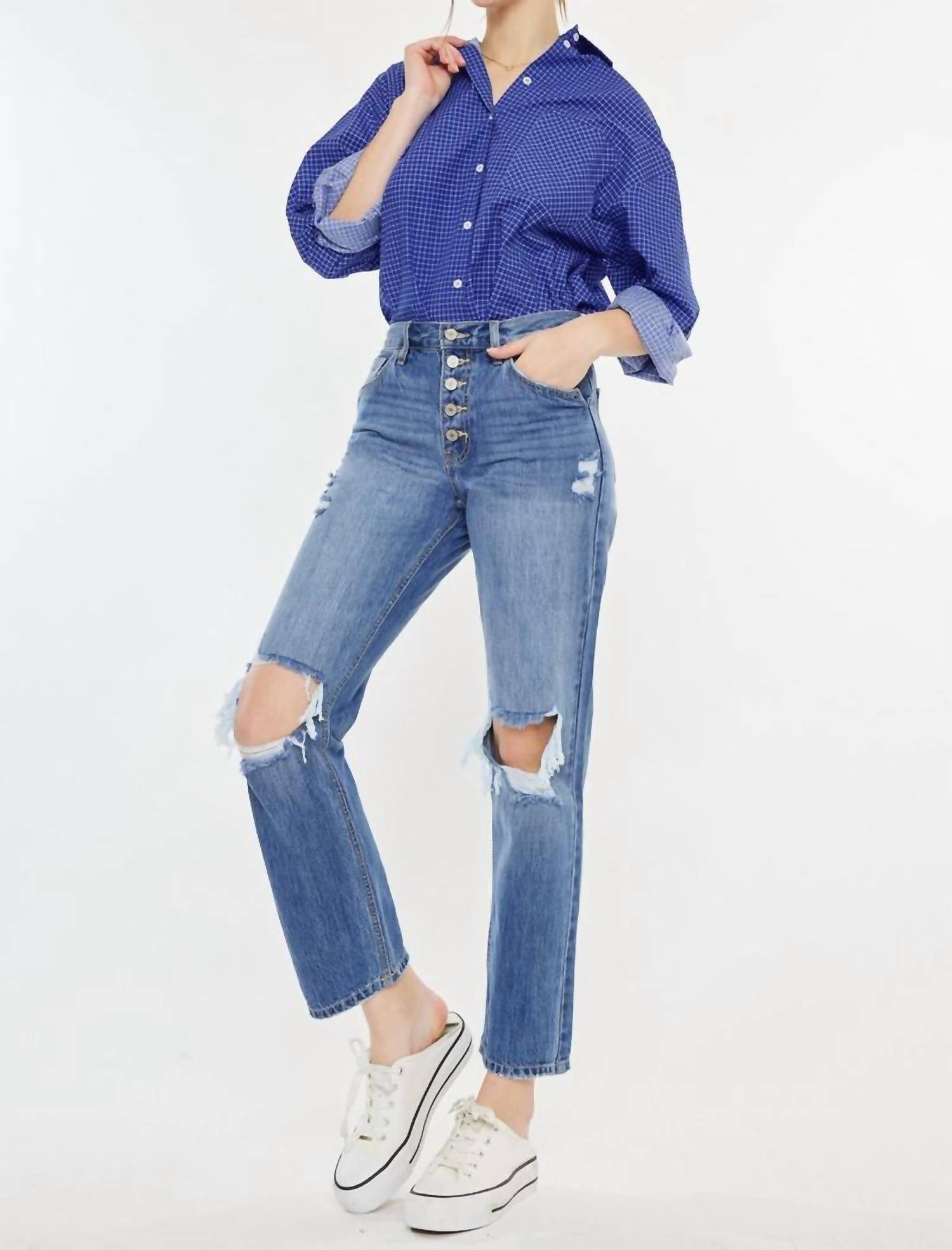 KanCan High Rise Button-fly Rigid Straight Jeans in dark 1 - women's jeans - detail view
