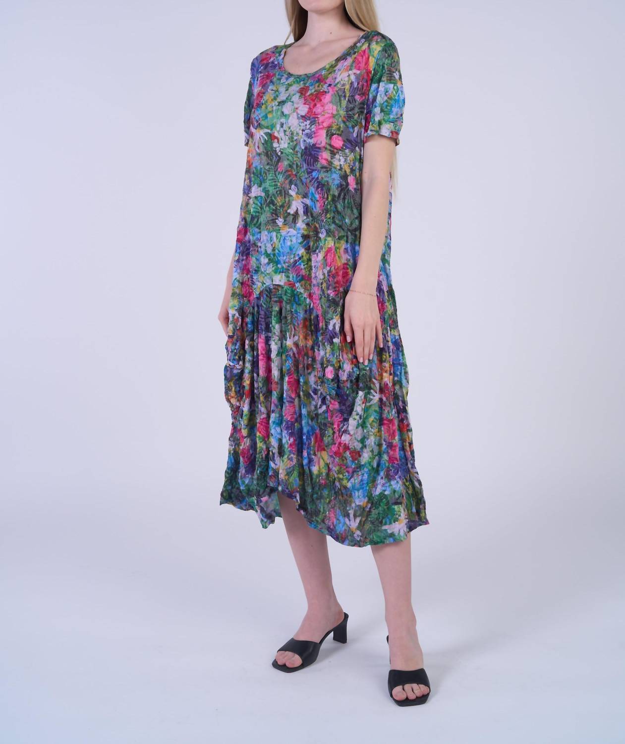 Shana Apparel - Crinkle Short Sleeve Dress With Drape Hem