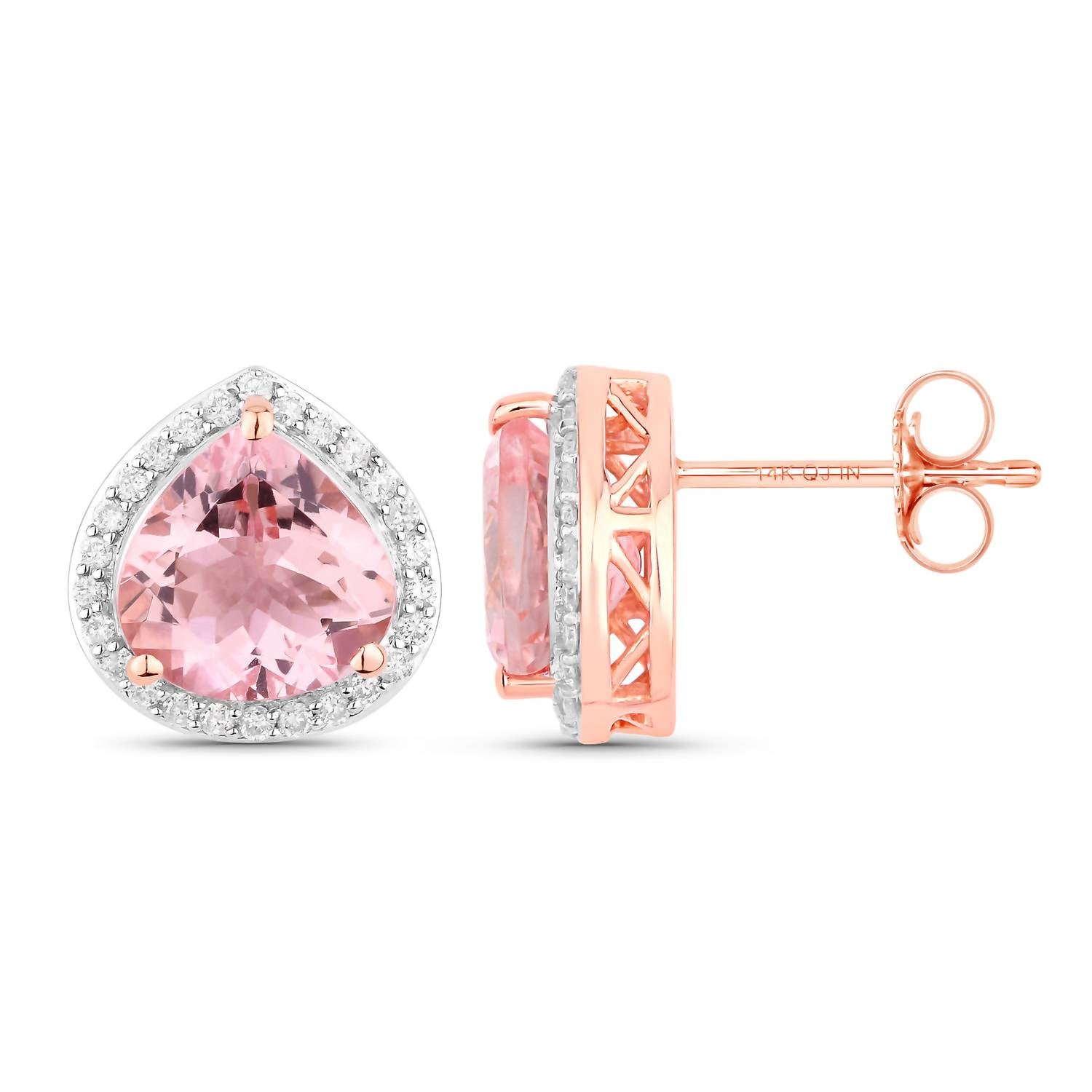 Diana M Jewels Women's Heart Natural Morganite Stud Earrings (3.27 Ct) - Signature Plus in 14k rose gold - women's jewelry - detail view