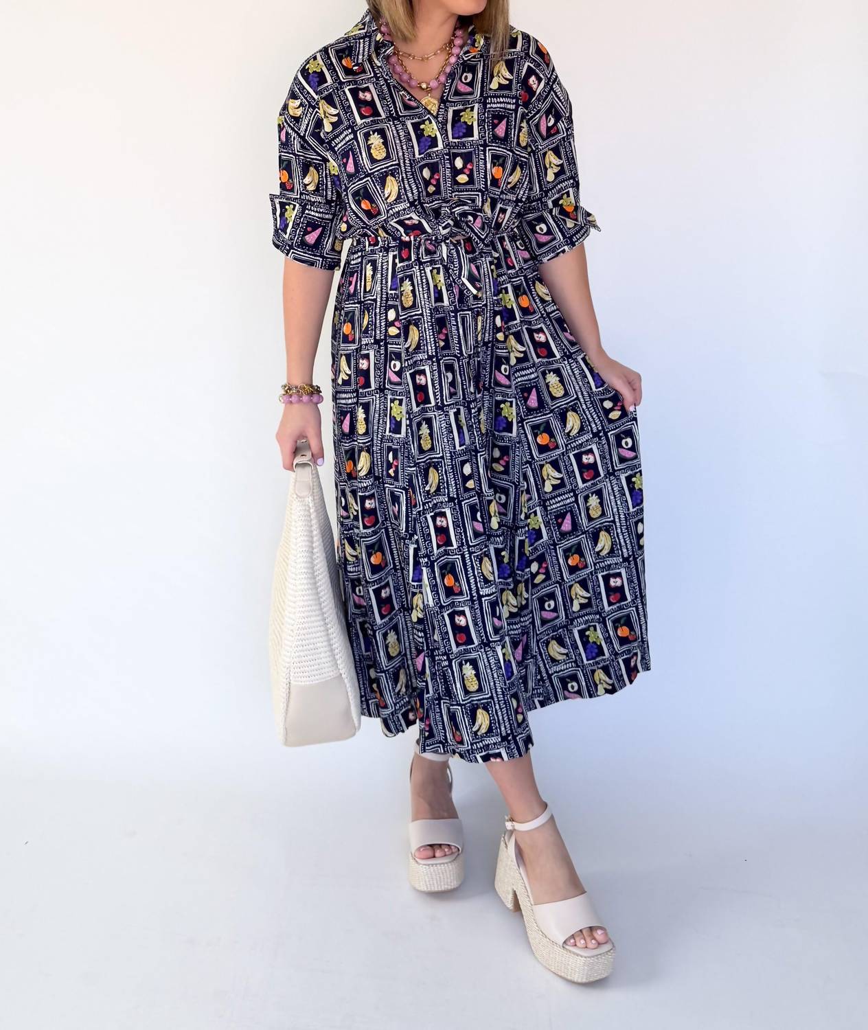 Karlie Italian Fruit Shirt Dress in blue multi - women's dress