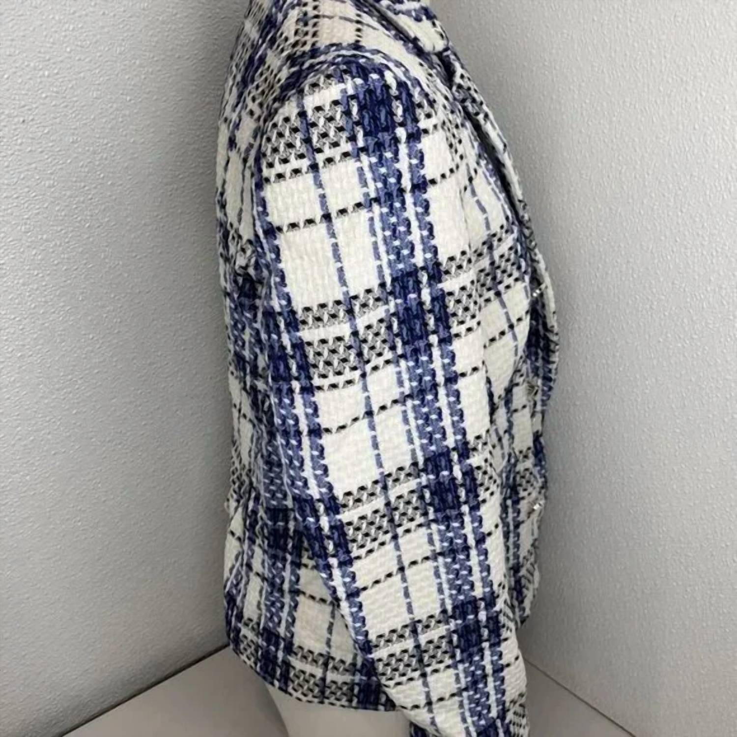 Ecru Women's Tweed Double Breasted Plaid Blazer in blue white - women's jacket - detail view