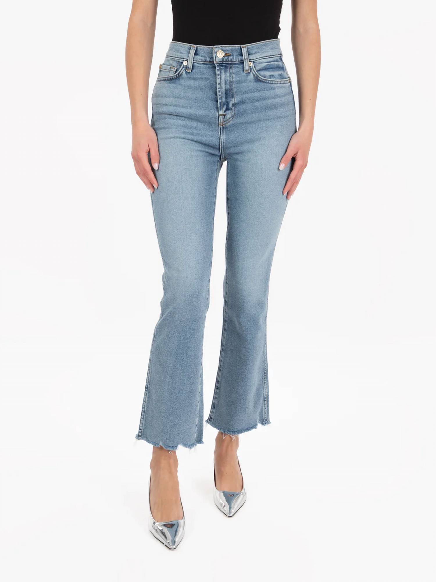 7 For All Mankind Pre-loved High Rise Skim Kick With Raw Cut Jeans in medium denim - women's jeans