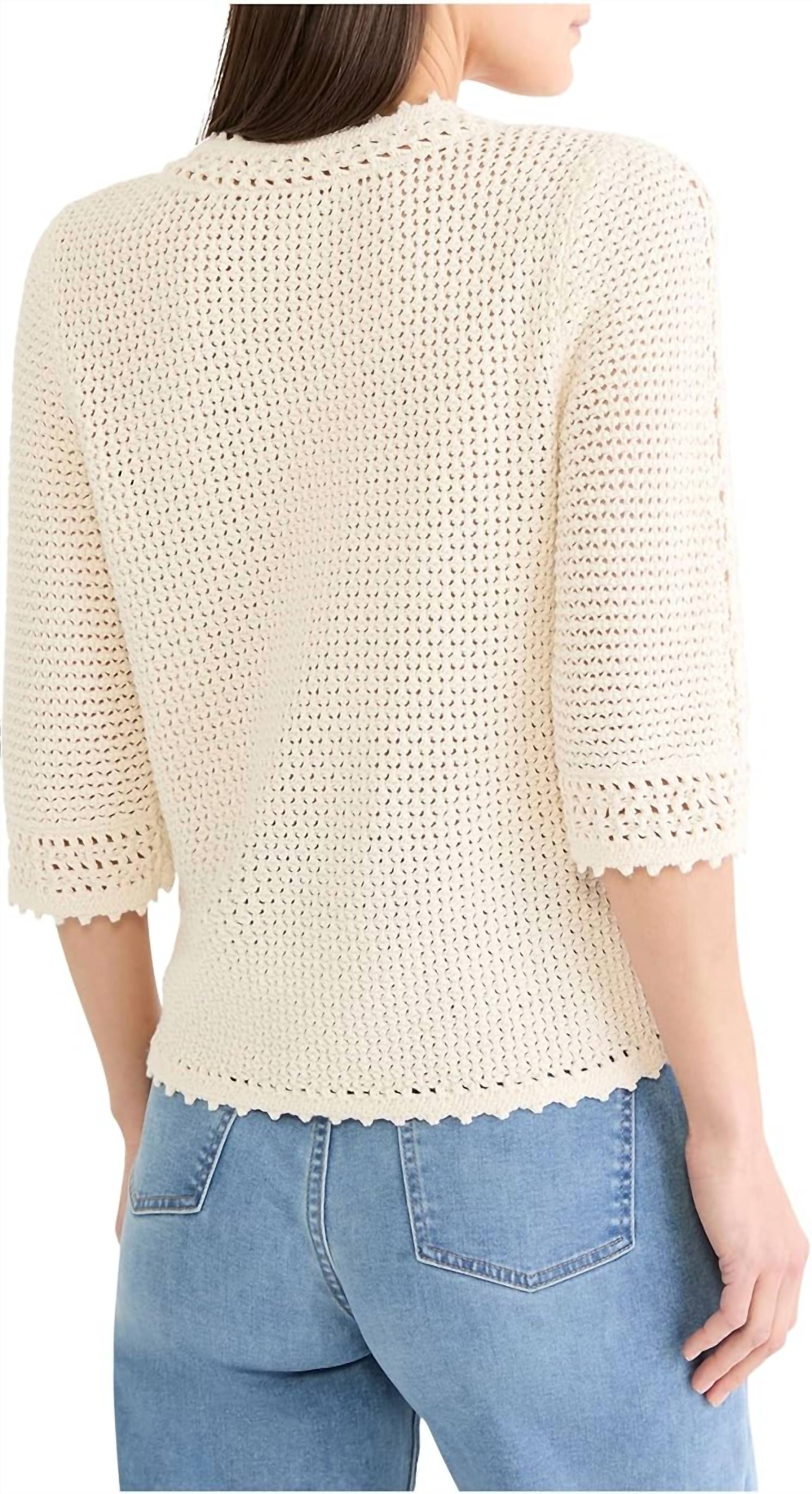 Nic + Zoe Crochet Mesh Sweater in cream - women's sweater - detail view