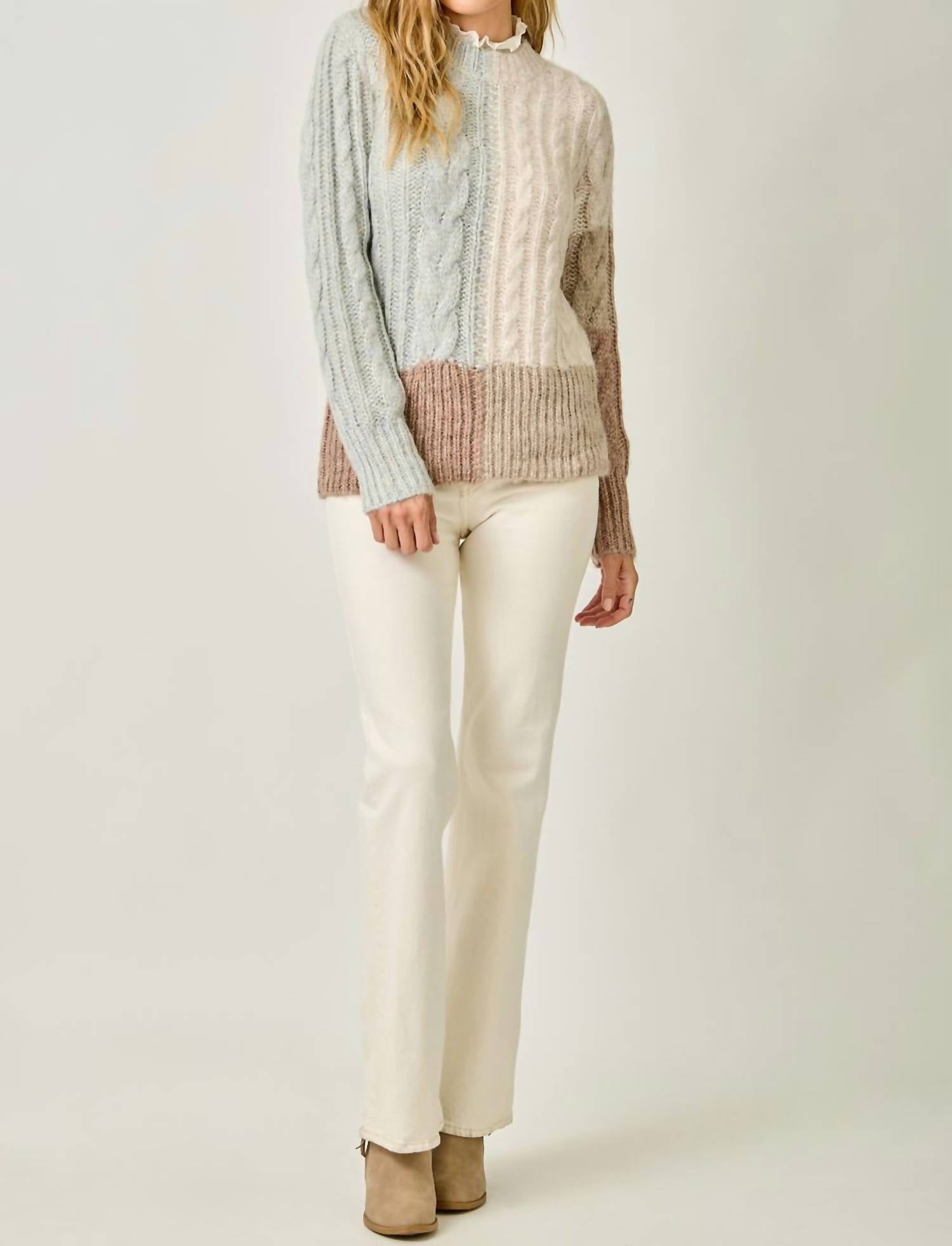 mystree Color Block Cable Knit Sweater in oatmeal mauve - women's sweater - view 7