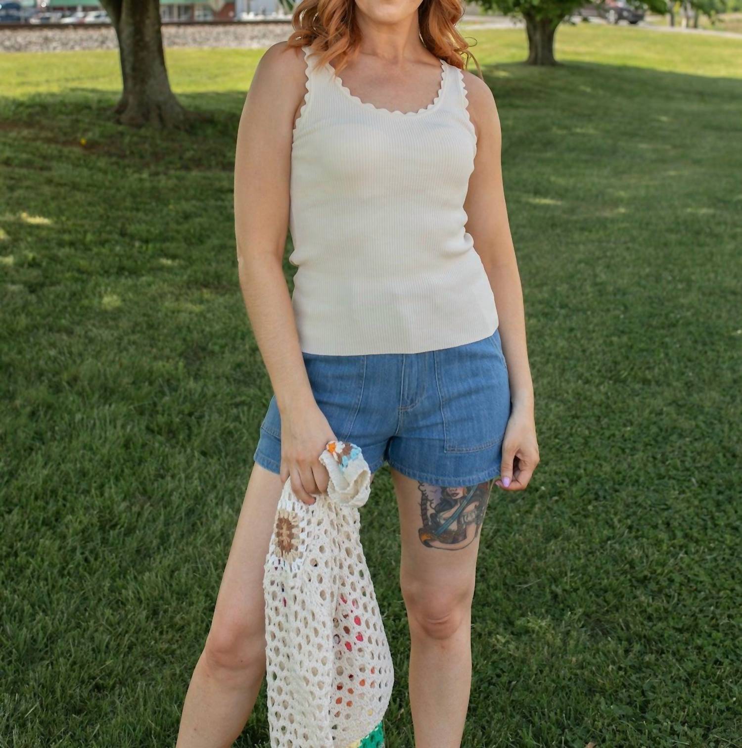 Hem & Thread Scallop Sweetheart Sweater Tank Top in cream - women's tank top