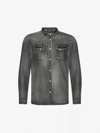THE KOOPLES Denim Button Up in washed grey - women's long sleeve top - alternate view