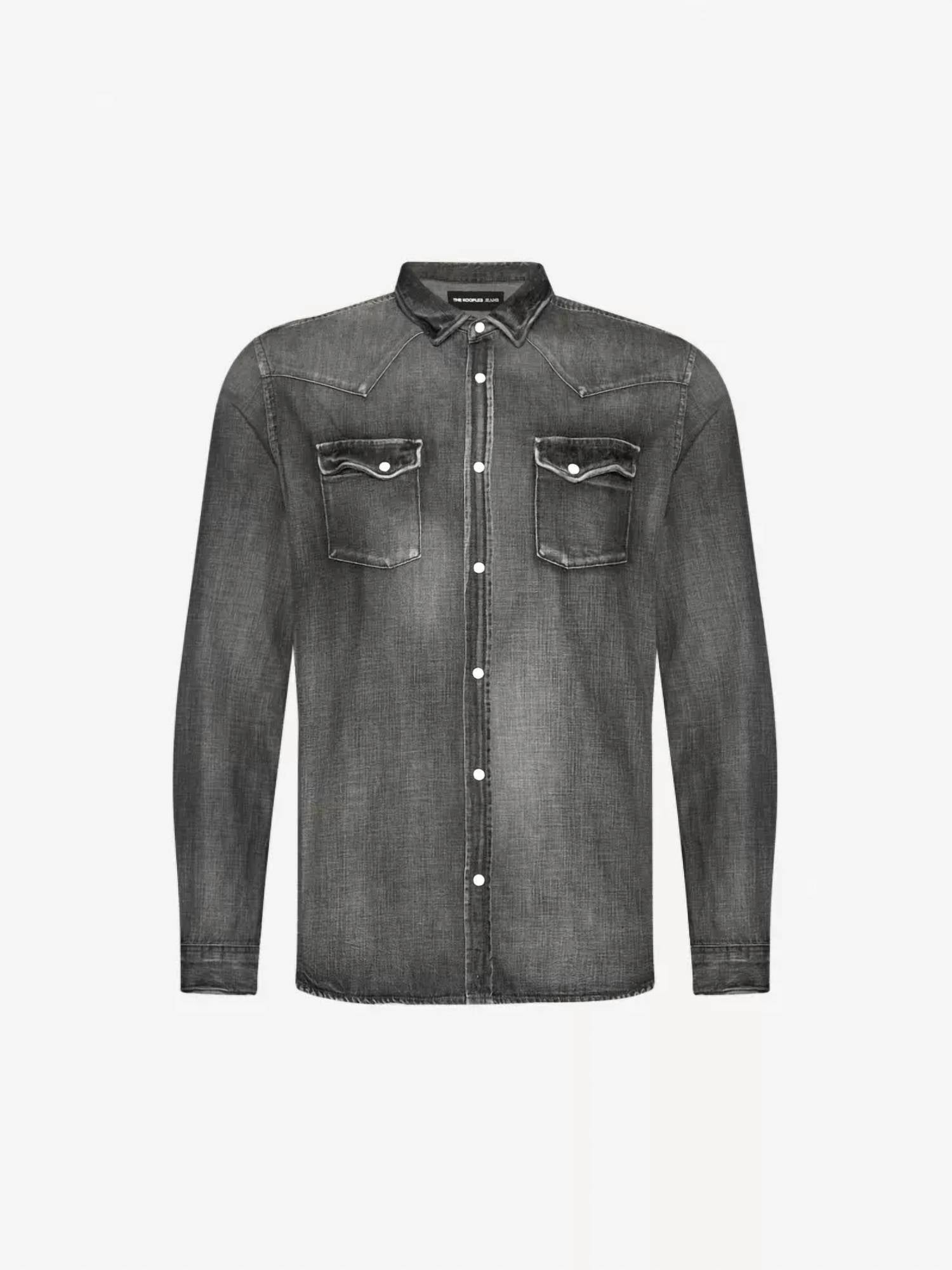 THE KOOPLES Denim Button Up in washed grey - women's long sleeve top - alternate view