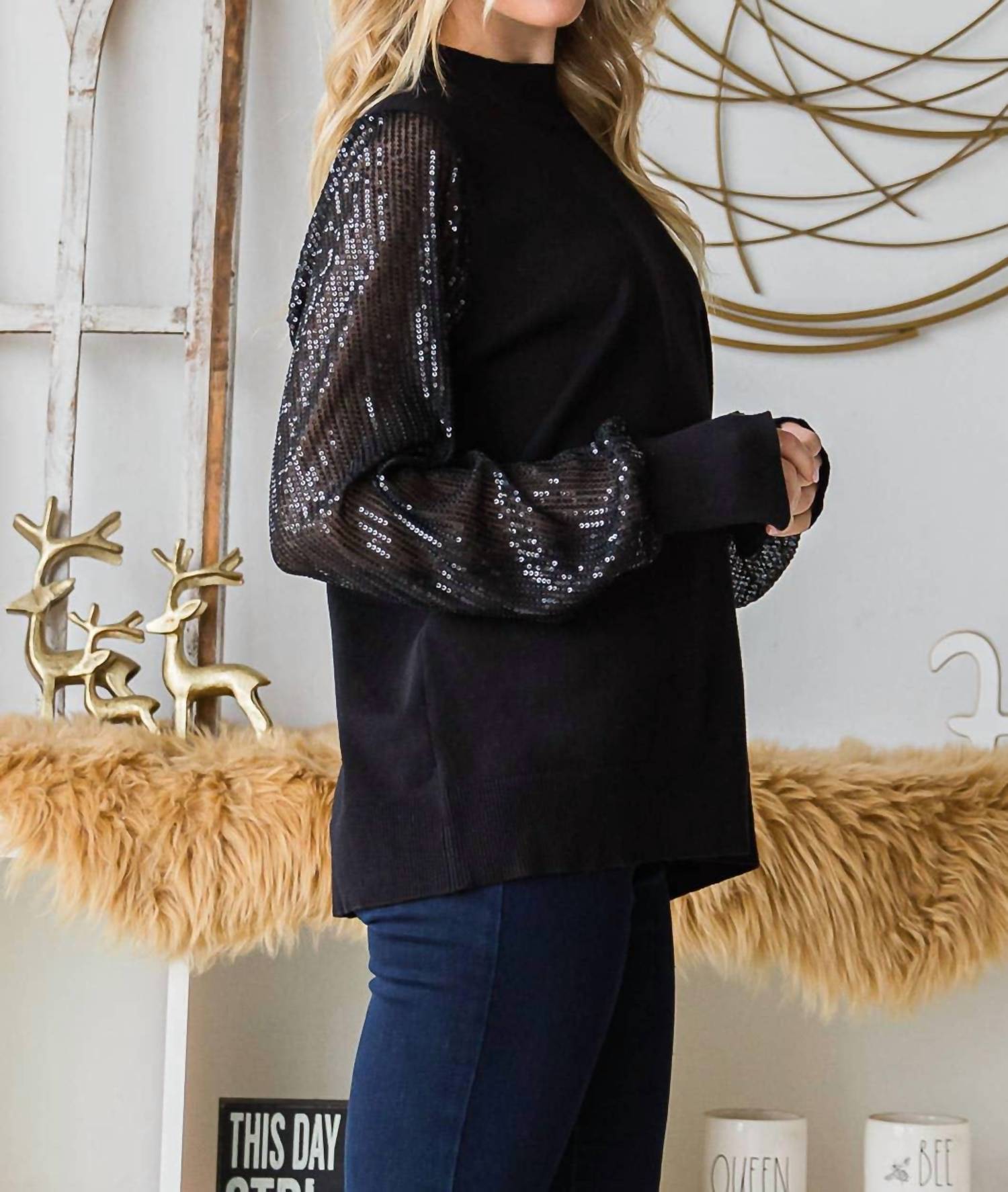 Cotton Bleu - Sequined Sleeve Sweater