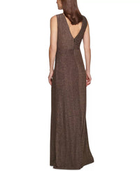 DKNY Women's V-neck Metallic Ruched-knit Sleeveless Gown in brown - women's dress - detail view