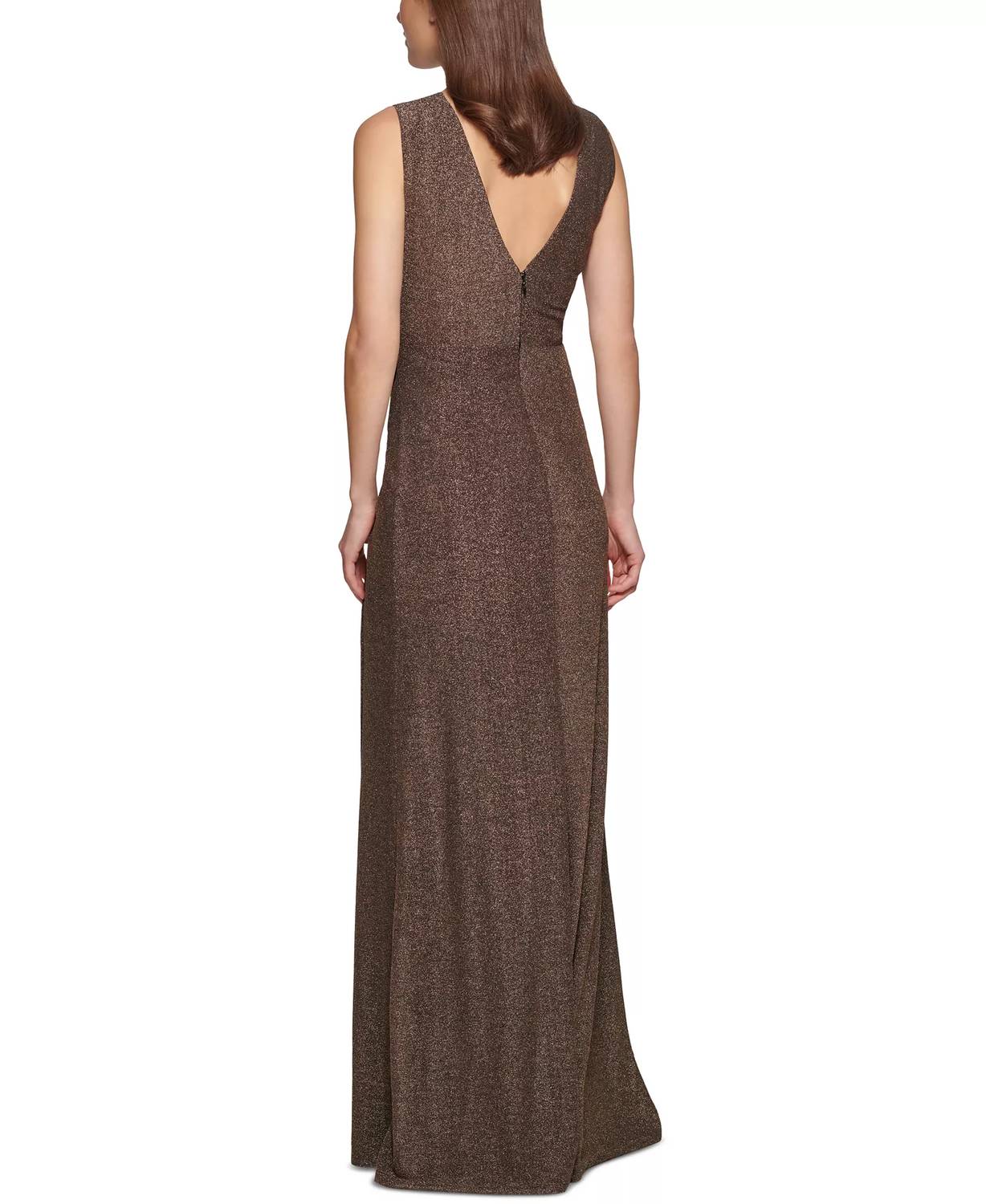 DKNY Women's V-neck Metallic Ruched-knit Sleeveless Gown in brown - women's dress - detail view