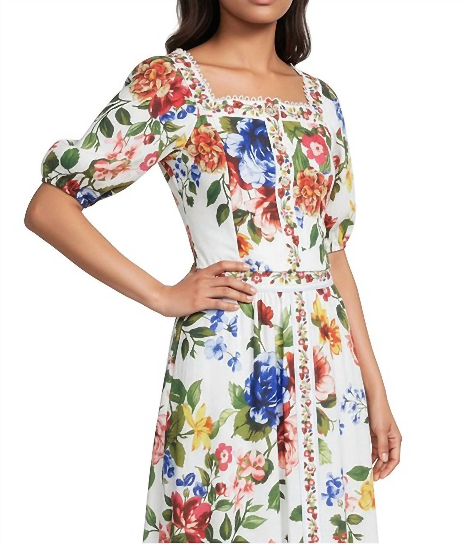 SKIES ARE BLUE Floral Border Puff Sleeve Crop Top in multi - women's shirt - detail view