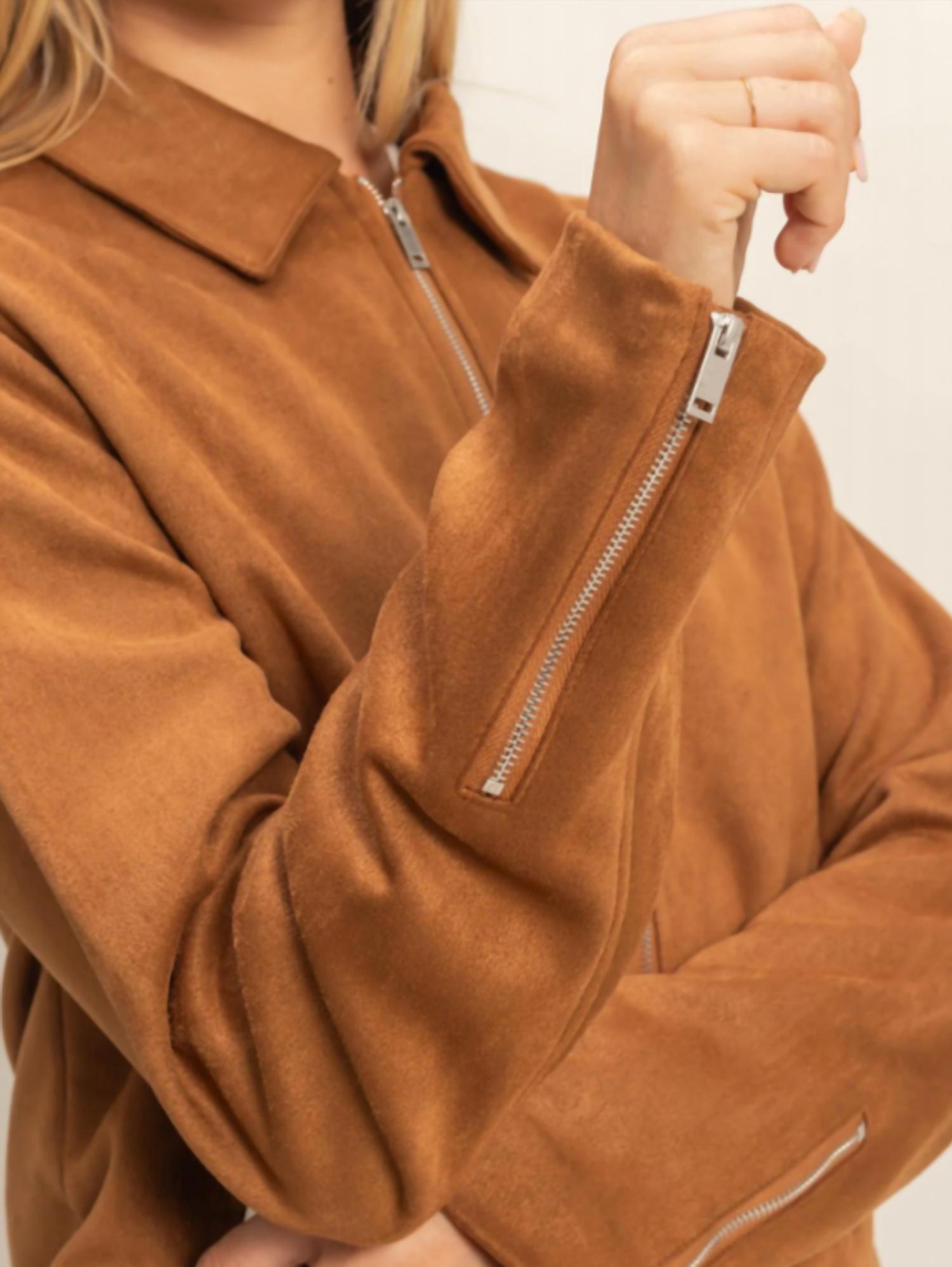 HYFVE Mandy Suede Zip Bomber Jacket in camel - women's jacket - view 4
