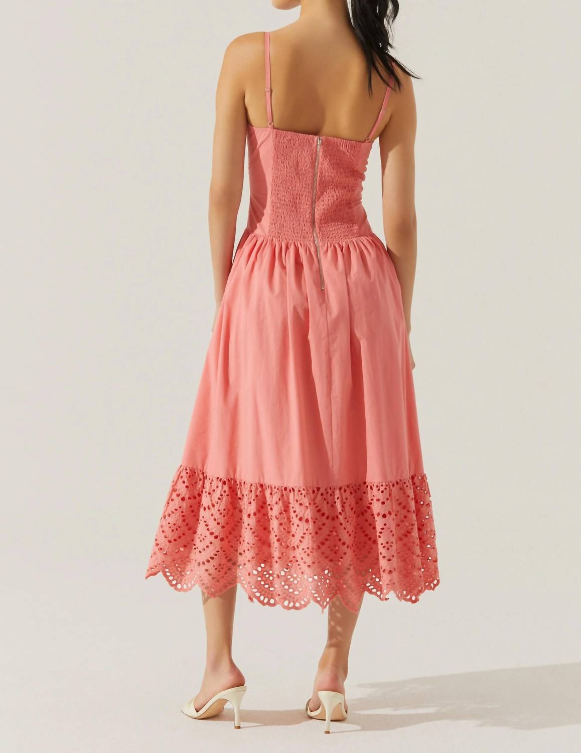 ASTR Eyelet Midi Dress in coral - women's dress - detail view