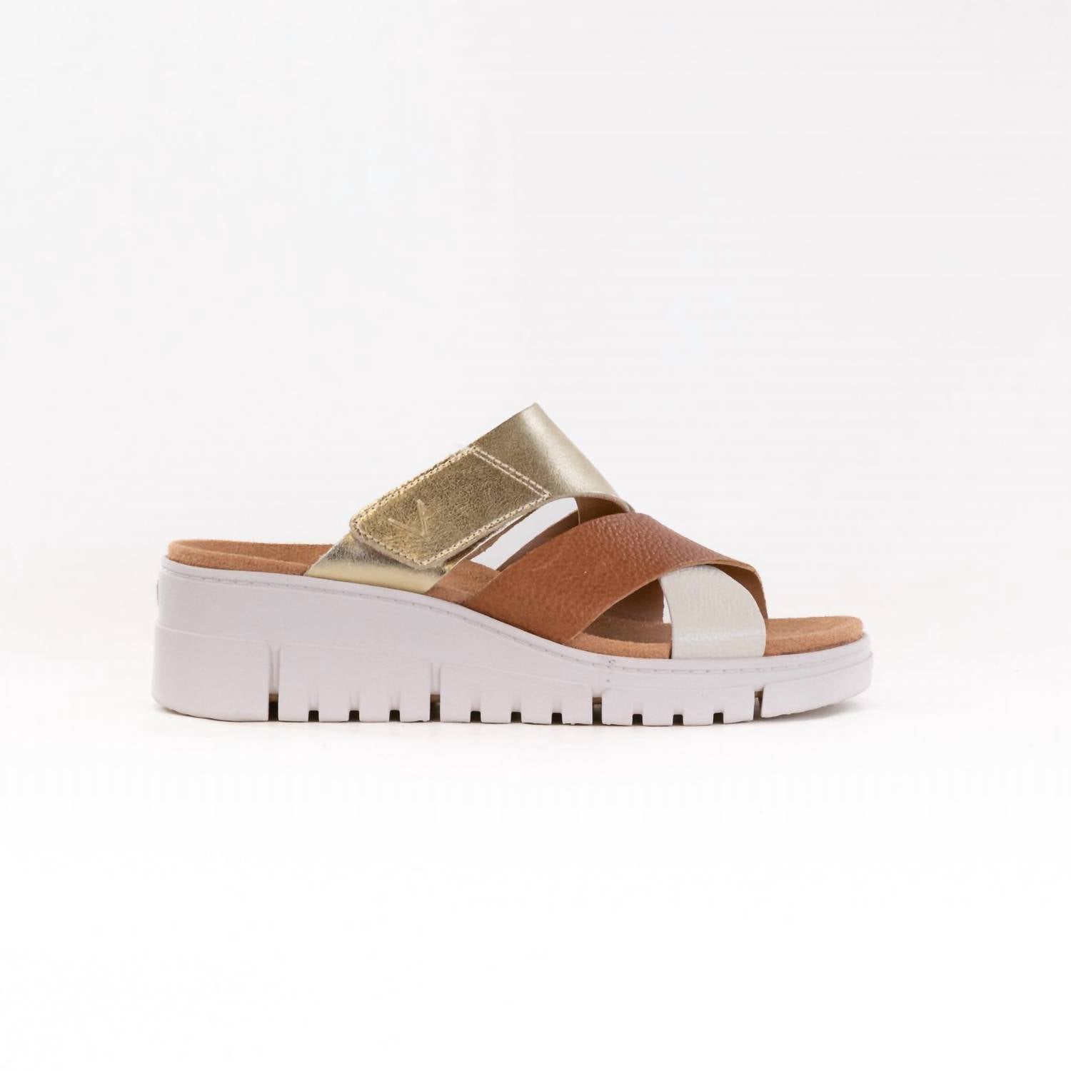VIONIC Women's Uptown Sunset Wedge Sandal in metallic tan gold leather - women's sandal