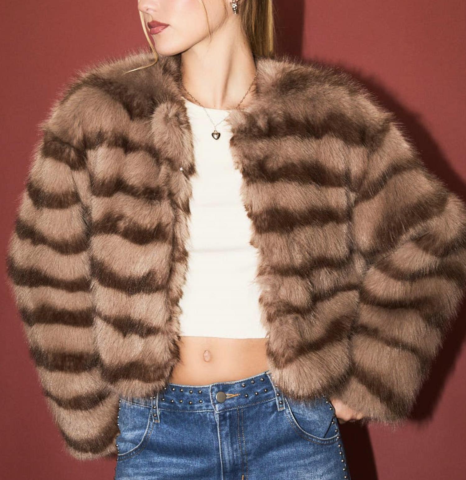 LELIS Faux Fur Striped Cropped Coat in brown - women's jacket - detail view