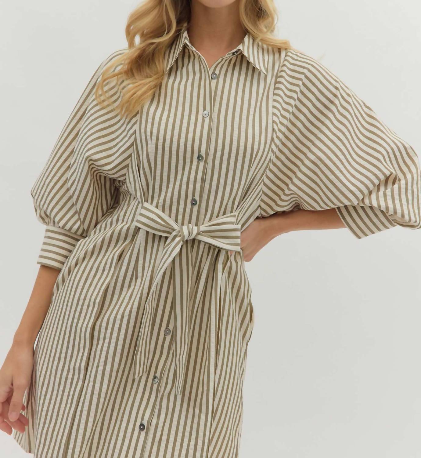 entro Striped Bow Tie Mini Shirt Dress in olive - women's dress - alternate view