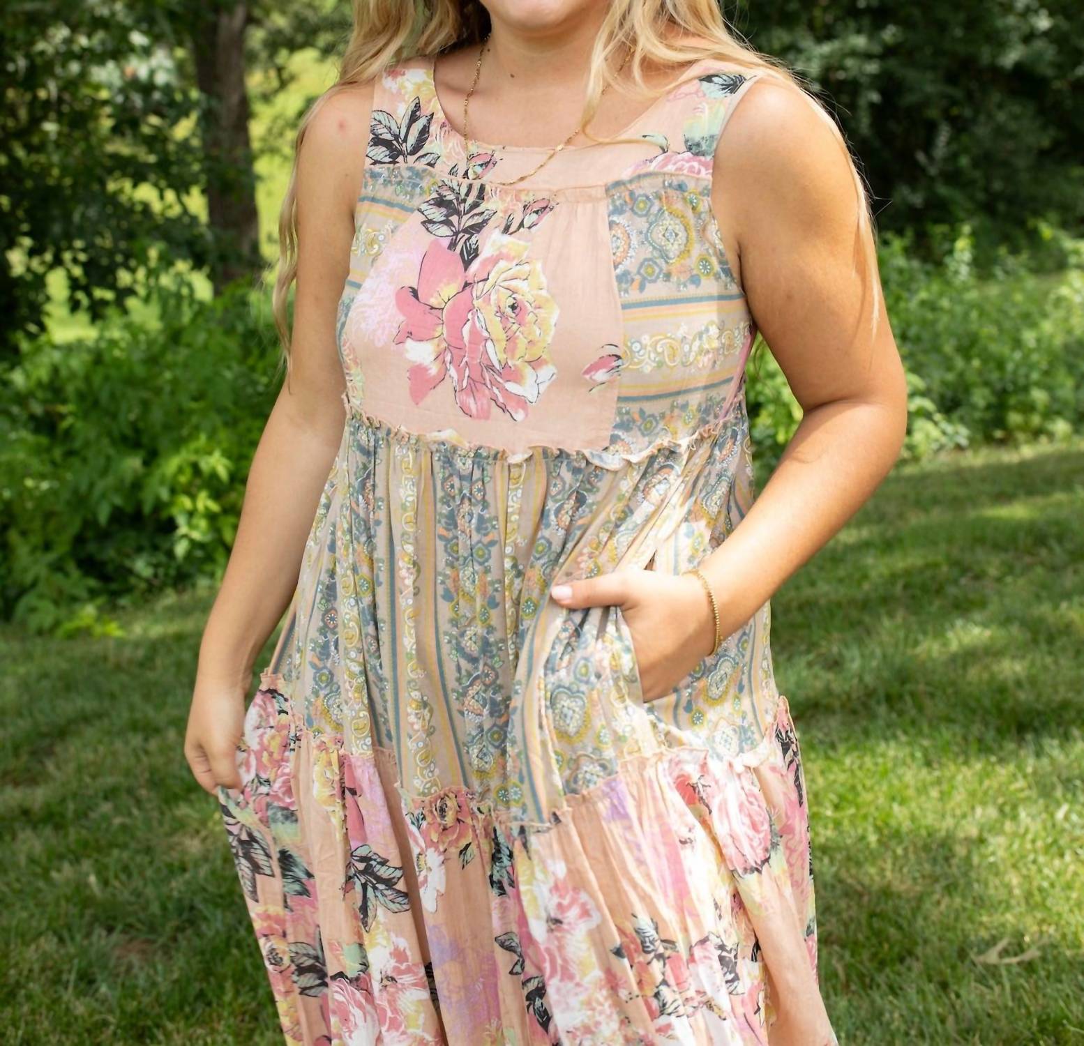 DAVI & DANI Boho Blossom Mixed Stripe Midi Dress in pink multi - women's dress - detail view
