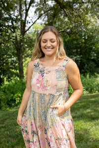 DAVI & DANI Boho Blossom Mixed Stripe Midi Dress in pink multi - women's dress - alternate view