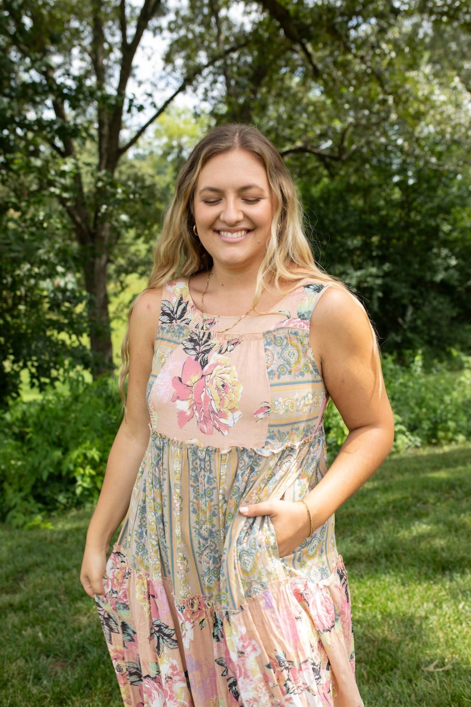 DAVI & DANI Boho Blossom Mixed Stripe Midi Dress in pink multi - women's dress - alternate view
