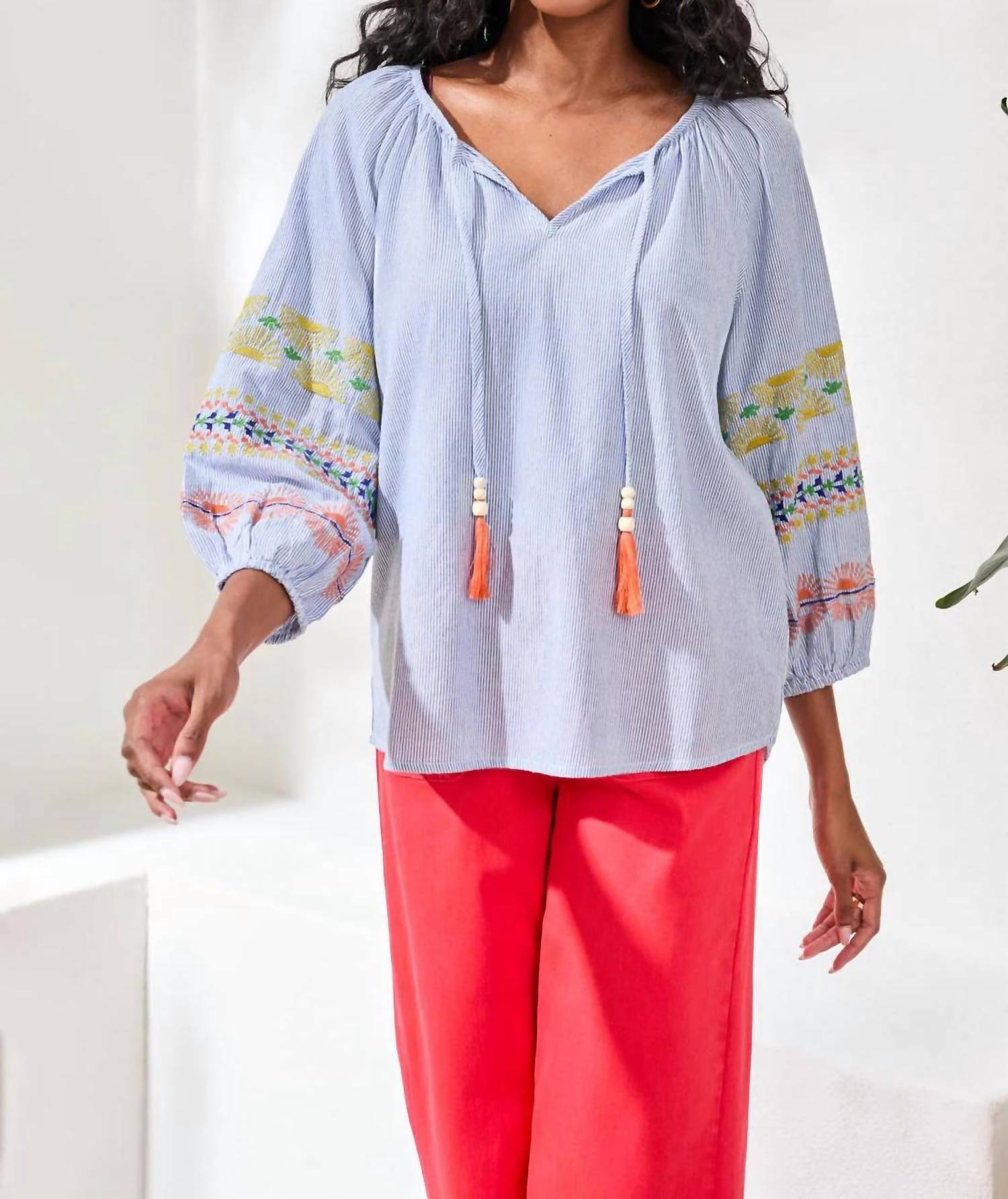 Tribal - Embroidered Balloon Sleeve Tassel Tie Notch Neck Blouse