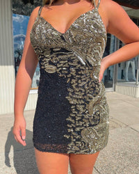 Rachel Allan - Beaded V-neck Sheath Cocktail Dress