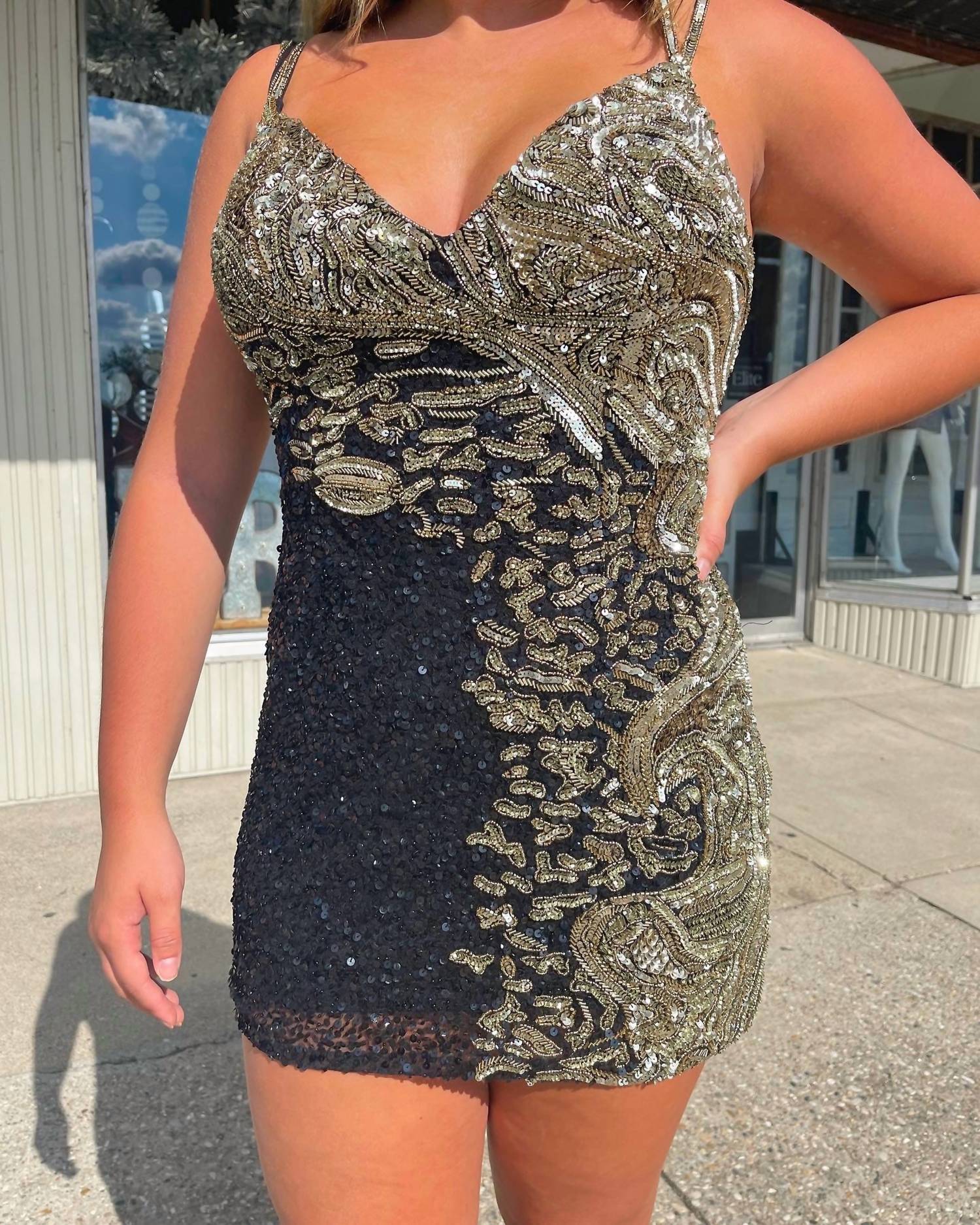 Rachel Allan - Beaded V-neck Sheath Cocktail Dress