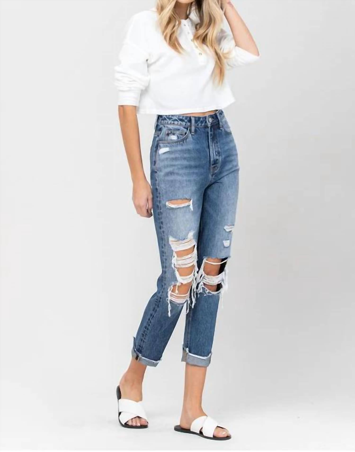Vervet By Flying Monkey - Emma Distressed Cuffed Mom Jeans
