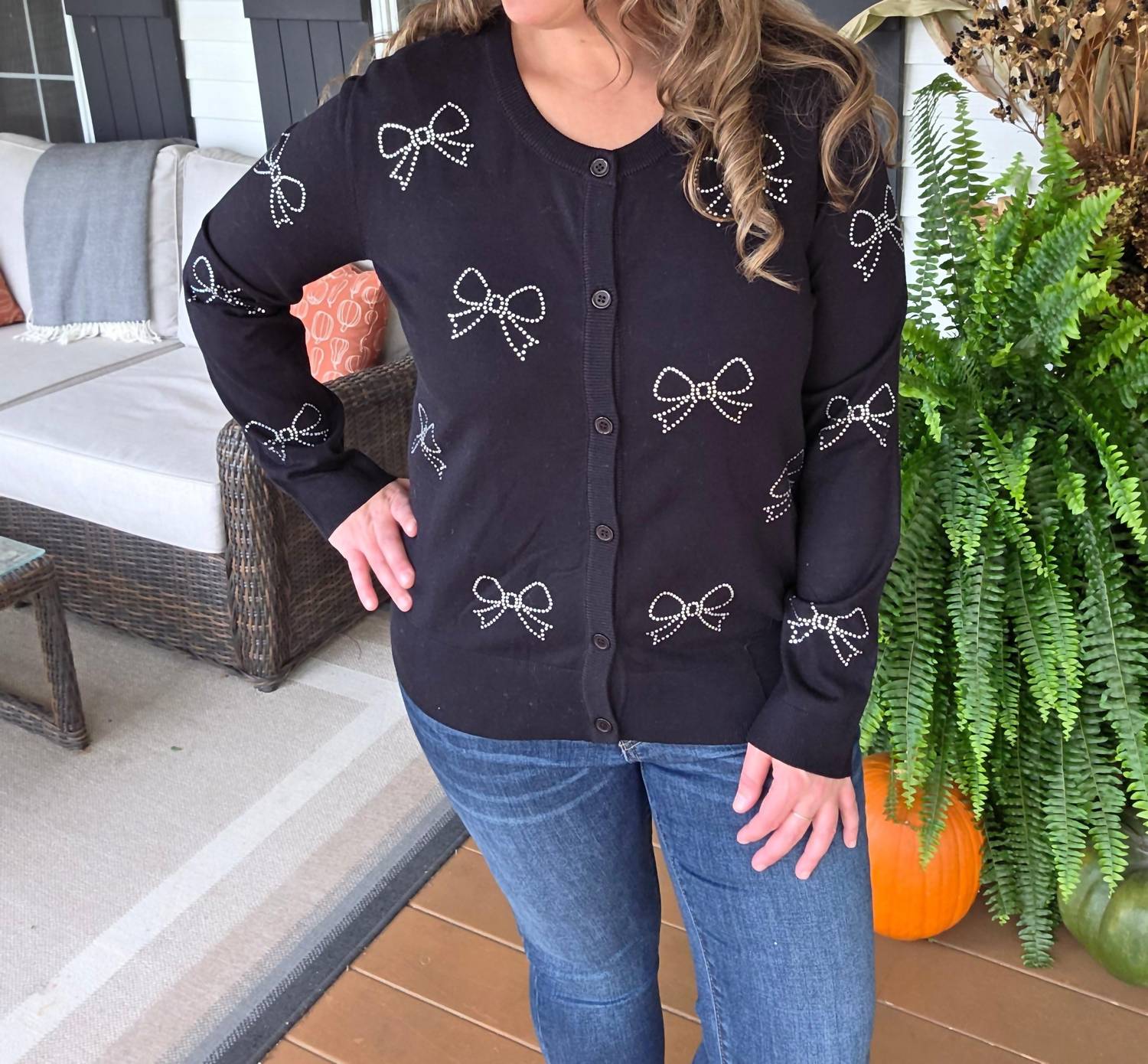 Sew In Love - Bow Rhinestone Button Sweater