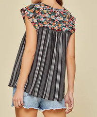 Andree By Unit - Flutter Sleeve Striped And Embroidered Top